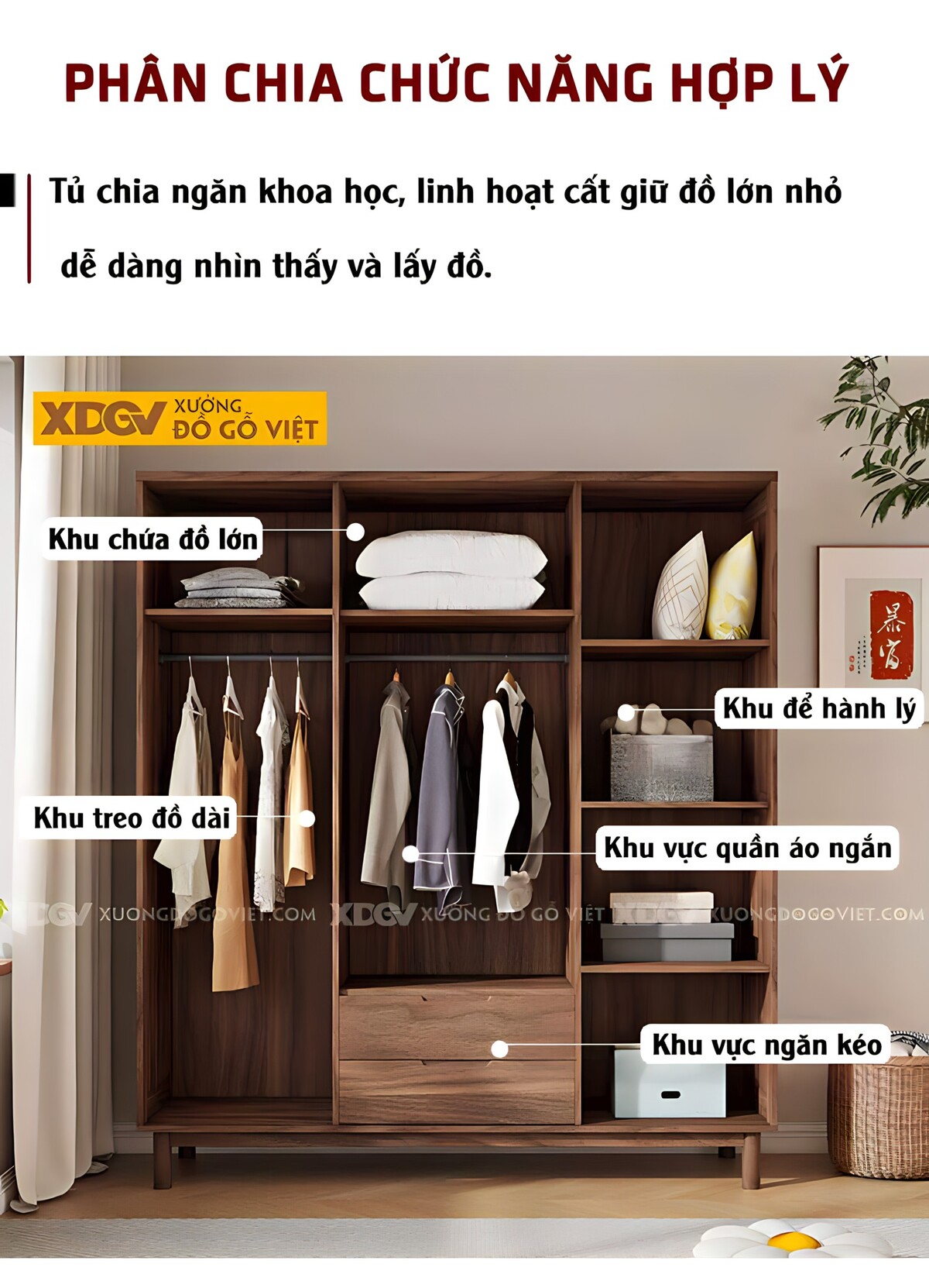 Tủ Treo Áo Gỗ Óc Chó Tự Nhiên Cánh Thanh Nan Đối Xứng 2 Bên