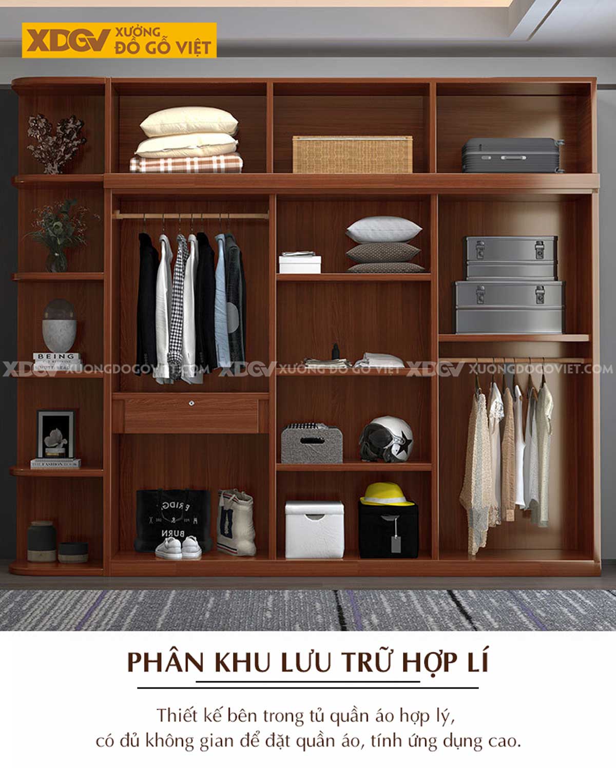 Tủ Treo Quần Áo Gỗ Lim Dạng Hộp Cánh Pano Kẻ Rãnh Đẹp