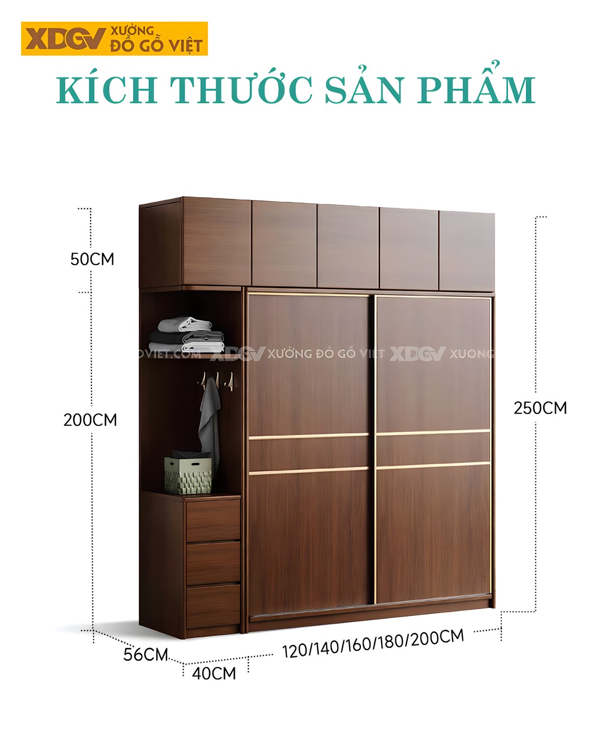 Tủ Treo Quần Áo Gỗ Óc Chó Đẹp 2 Cánh Trượt Lớn Bọc Viền