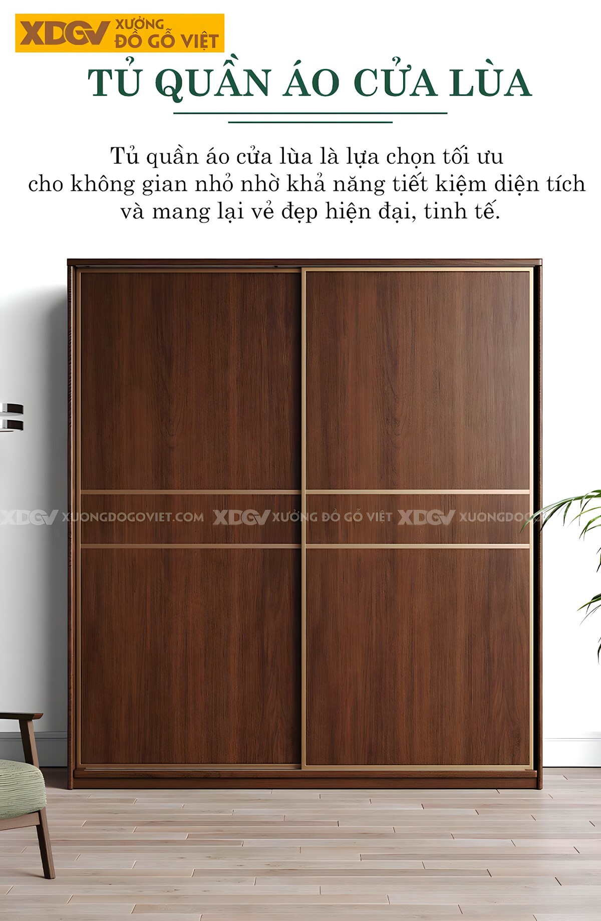 Tủ Treo Quần Áo Gỗ Óc Chó Đẹp 2 Cánh Trượt Lớn Bọc Viền