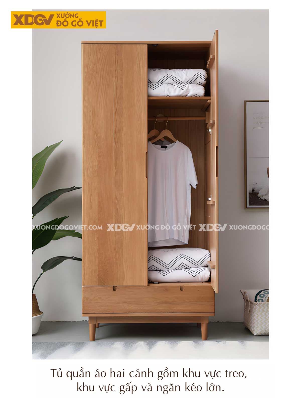 Tủ Treo Quần Áo Gỗ Sồi Bắc Âu Chân Cao Cửa Mở Tay Nắm Âm