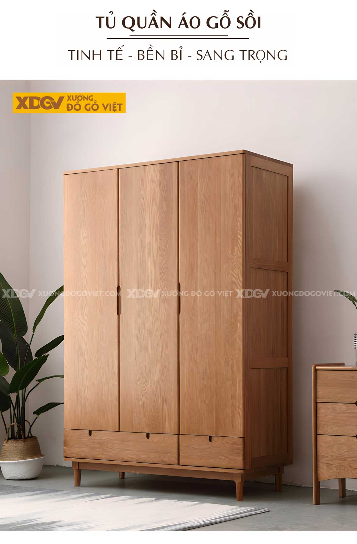 Tủ Treo Quần Áo Gỗ Sồi Bắc Âu Chân Cao Cửa Mở Tay Nắm Âm