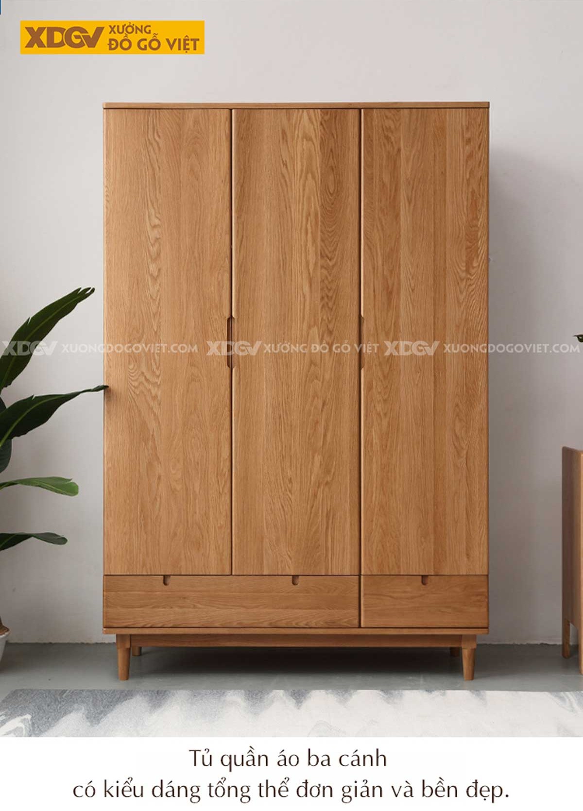 Tủ Treo Quần Áo Gỗ Sồi Bắc Âu Chân Cao Cửa Mở Tay Nắm Âm