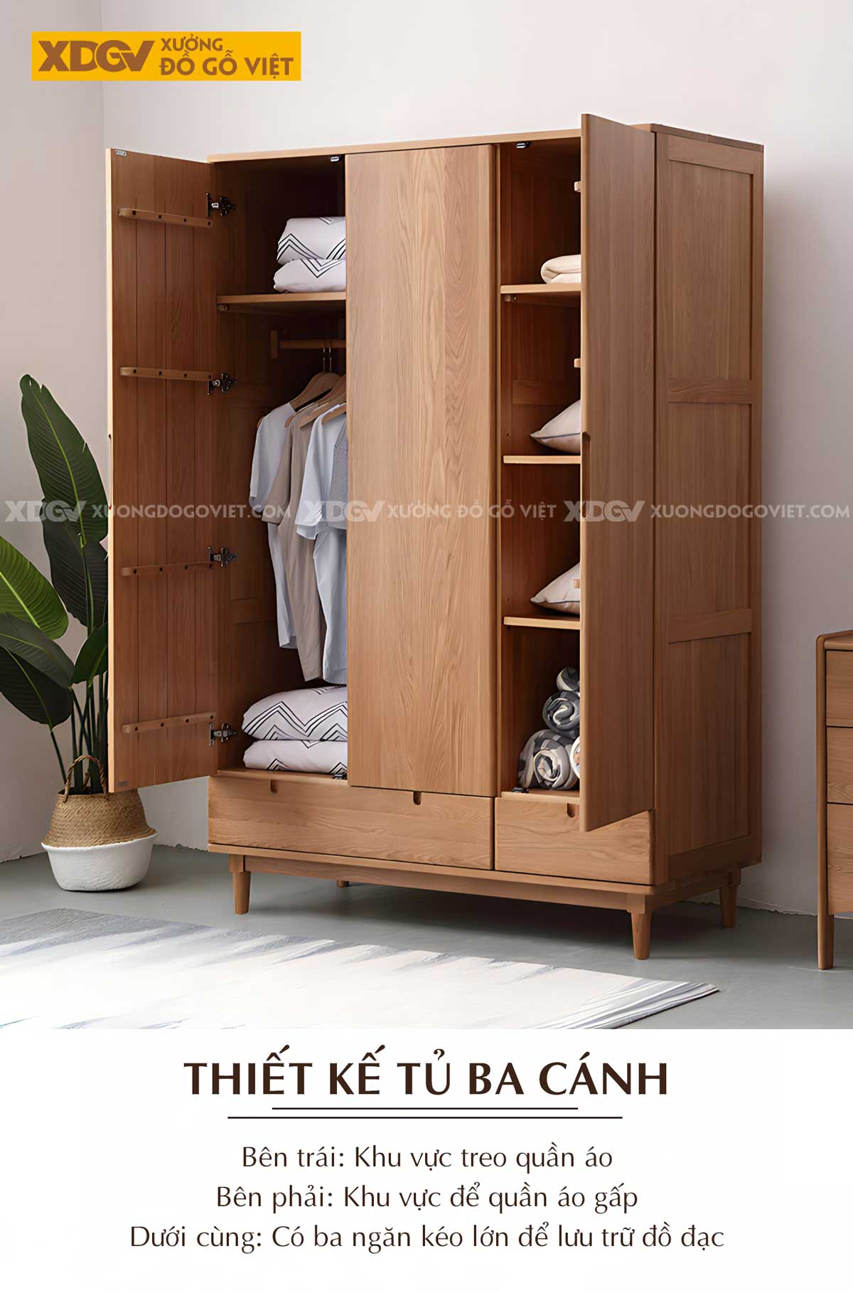 Tủ Treo Quần Áo Gỗ Sồi Bắc Âu Chân Cao Cửa Mở Tay Nắm Âm