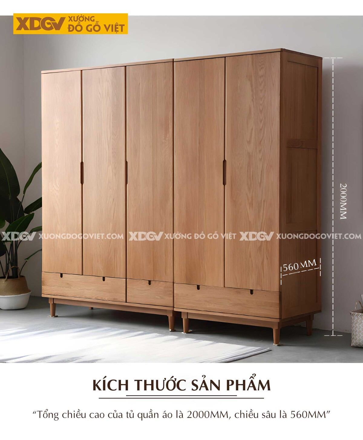 Tủ Treo Quần Áo Gỗ Sồi Bắc Âu Chân Cao Cửa Mở Tay Nắm Âm