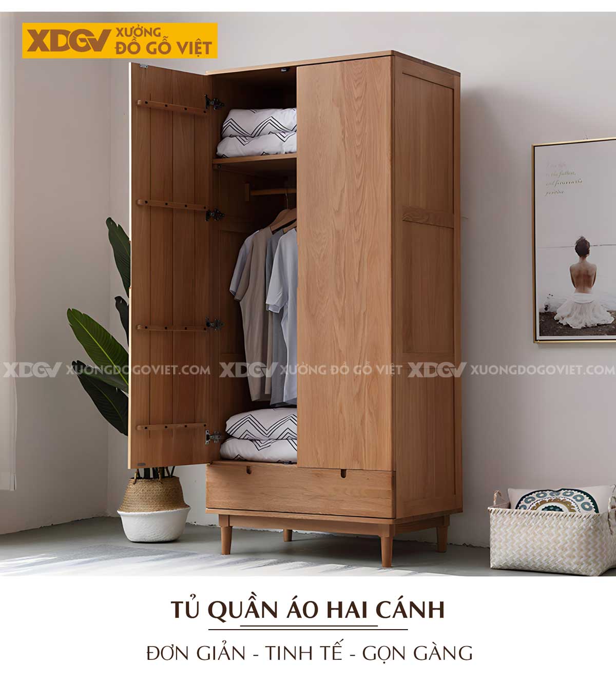 Tủ Treo Quần Áo Gỗ Sồi Bắc Âu Chân Cao Cửa Mở Tay Nắm Âm