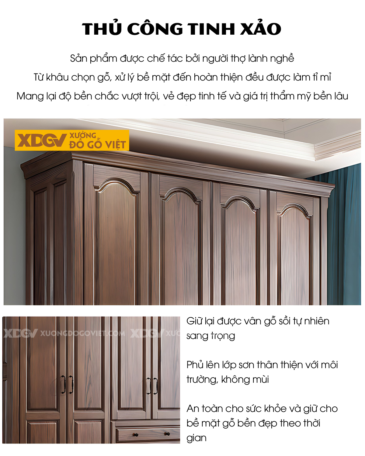 Tủ Treo Quần Áo Gỗ Sồi Cổ Điển Chân Tiện Tay Nắm Quai Đen