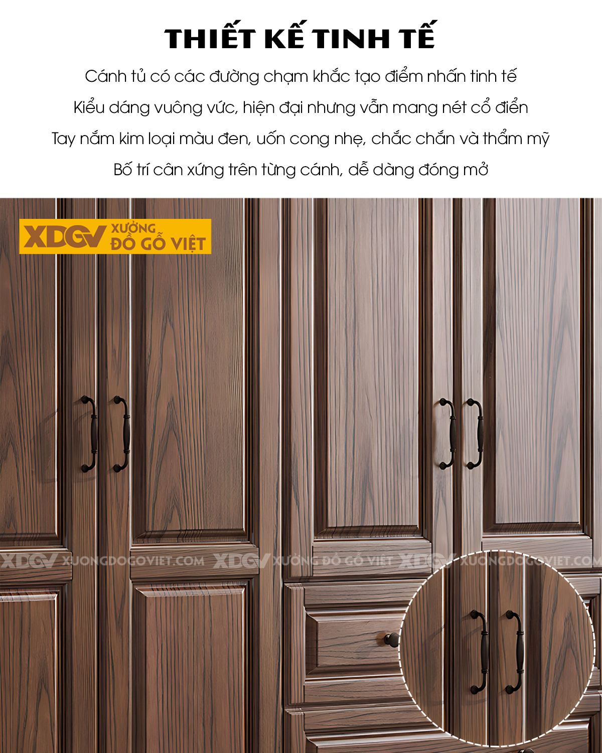Tủ Treo Quần Áo Gỗ Sồi Cổ Điển Chân Tiện Tay Nắm Quai Đen