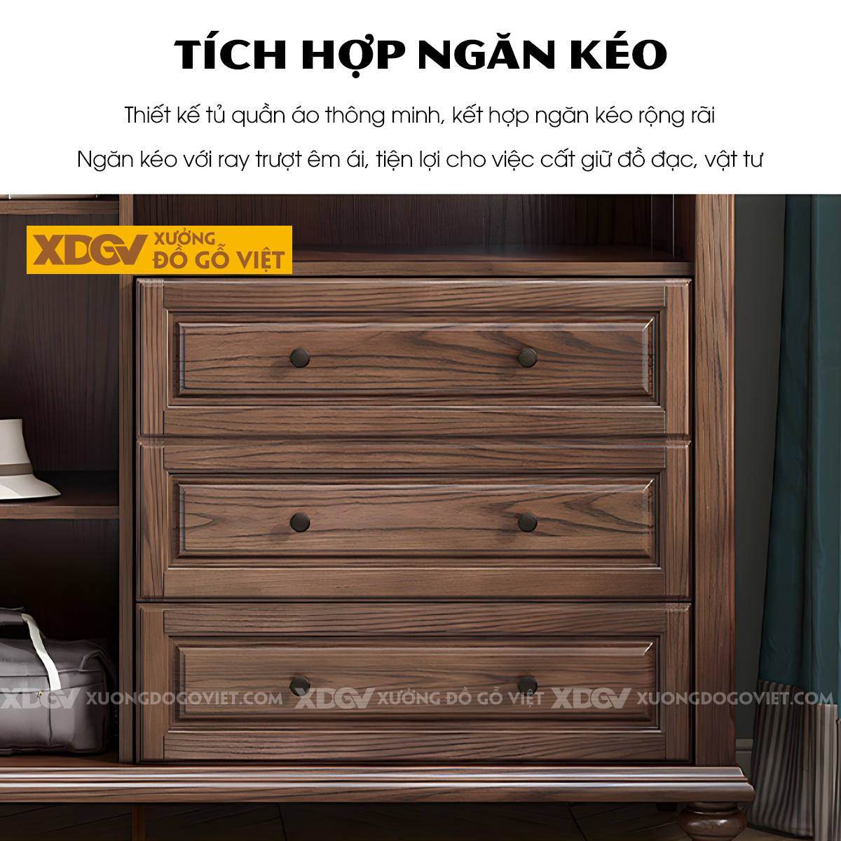 Tủ Treo Quần Áo Gỗ Sồi Cổ Điển Chân Tiện Tay Nắm Quai Đen