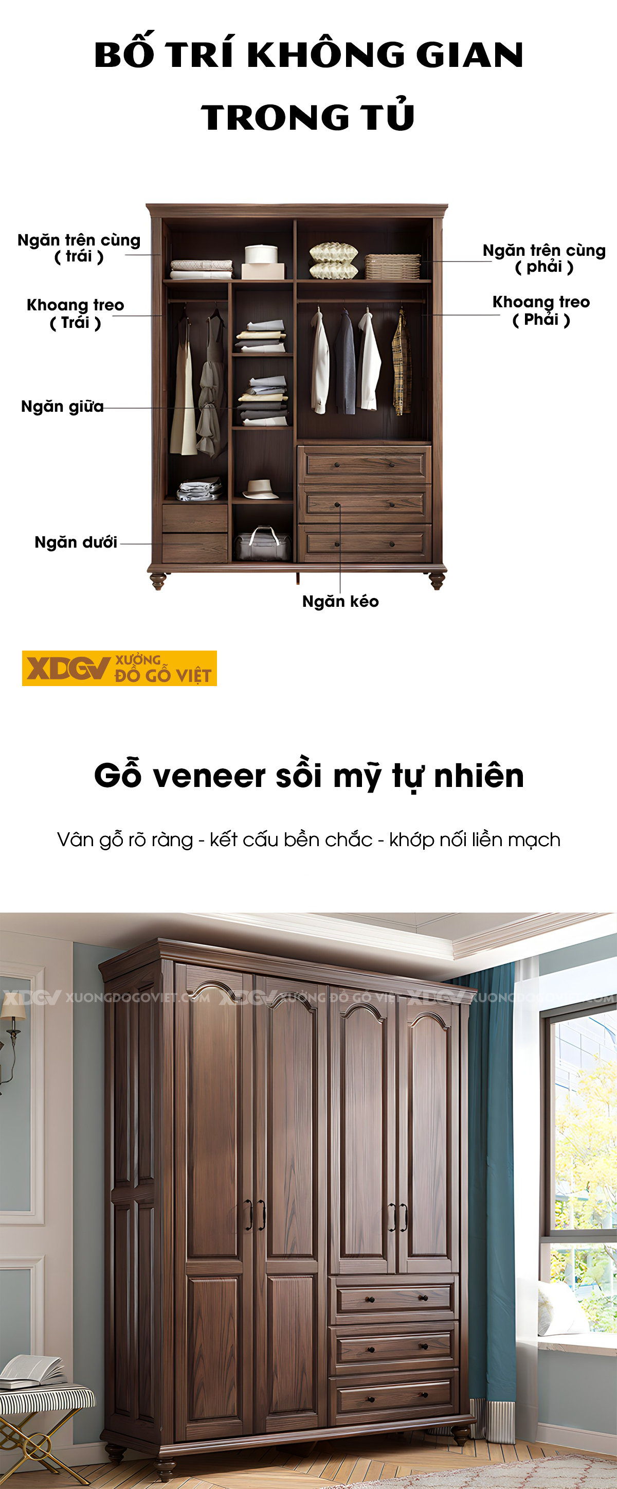 Tủ Treo Quần Áo Gỗ Sồi Cổ Điển Chân Tiện Tay Nắm Quai Đen
