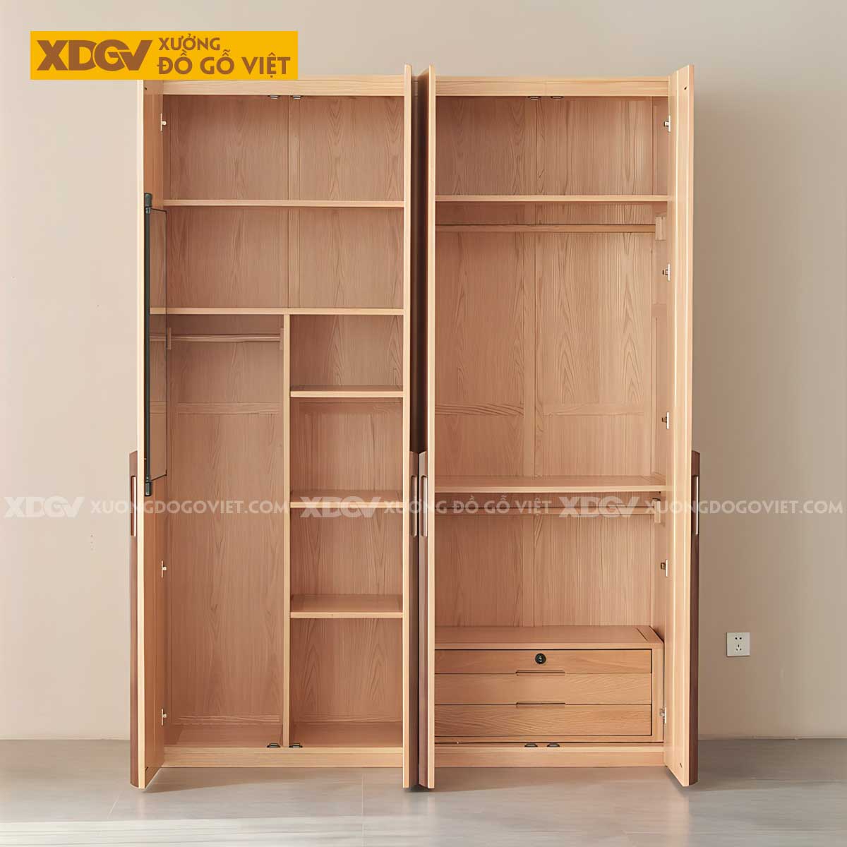 Tủ Treo Quần Áo Gỗ Veneer Sồi Đẹp 4 Cánh Đơn Giản Tinh Tế