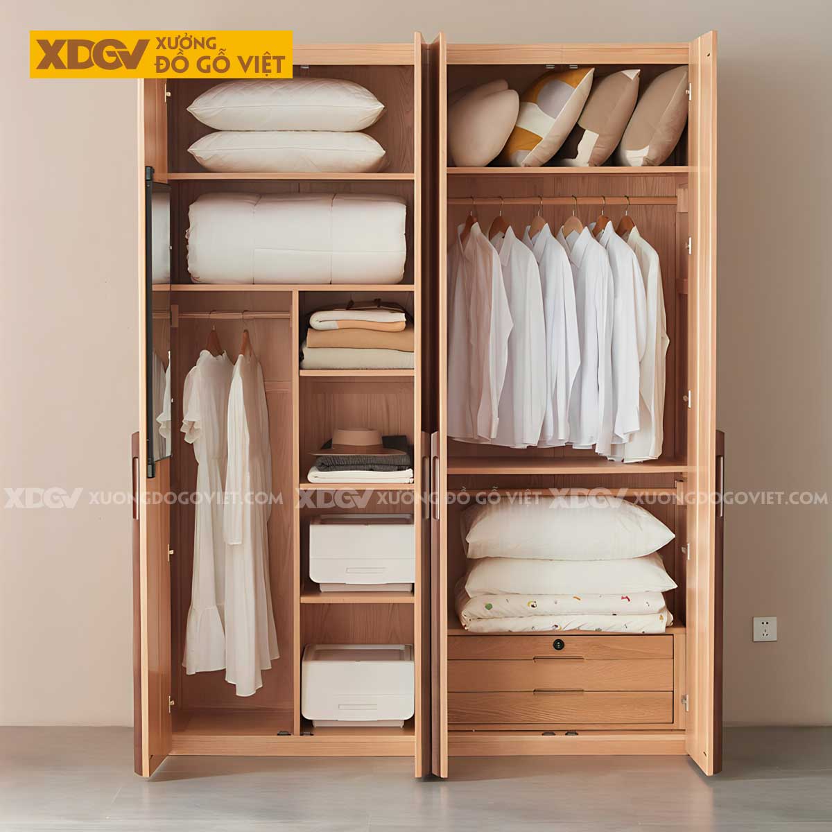 Tủ Treo Quần Áo Gỗ Veneer Sồi Đẹp 4 Cánh Đơn Giản Tinh Tế