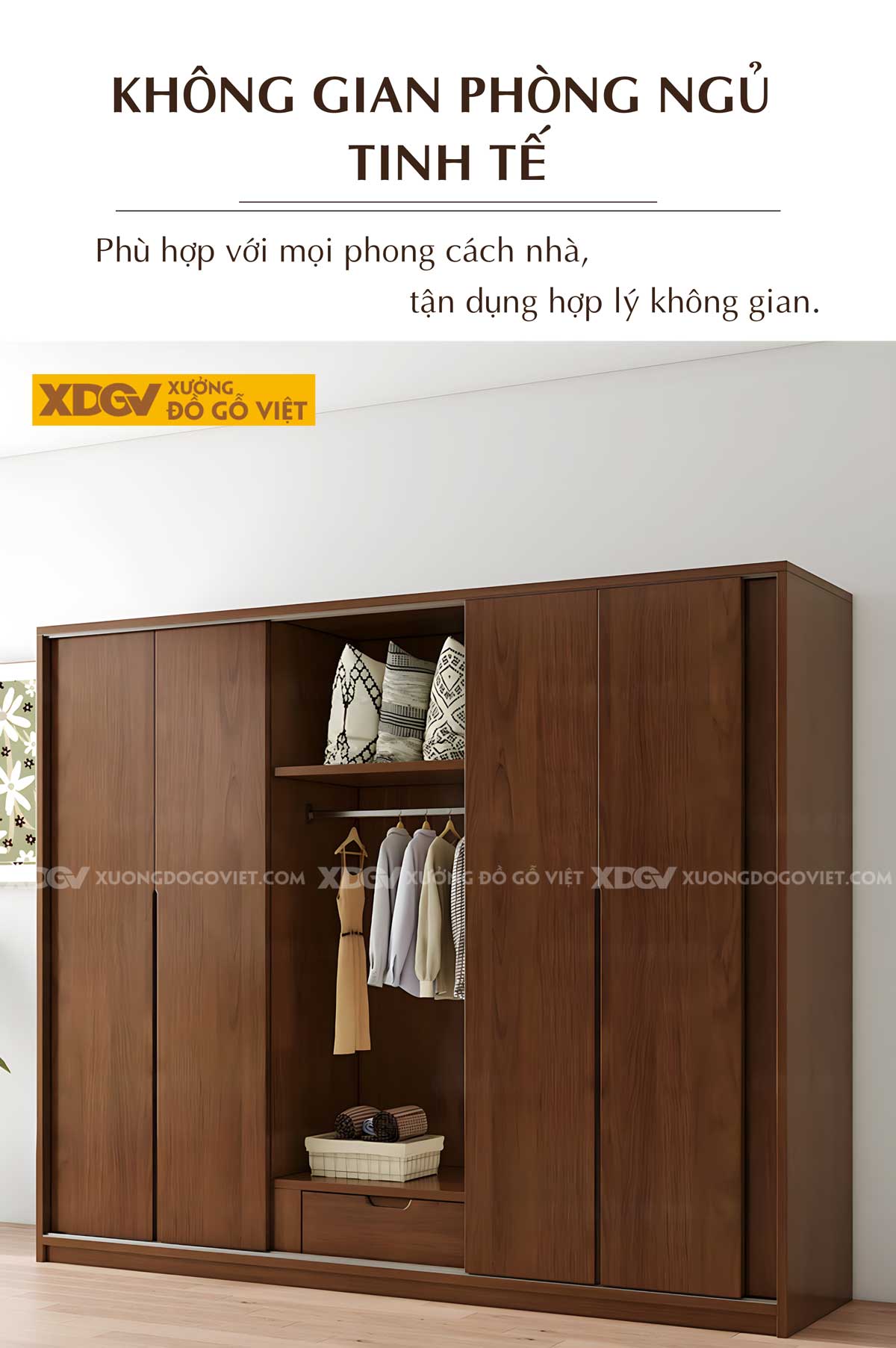 Tủ Treo Quần Áo Gỗ Veneer Sồi Hiện Đại Cửa Lùa Tay Âm Dưới