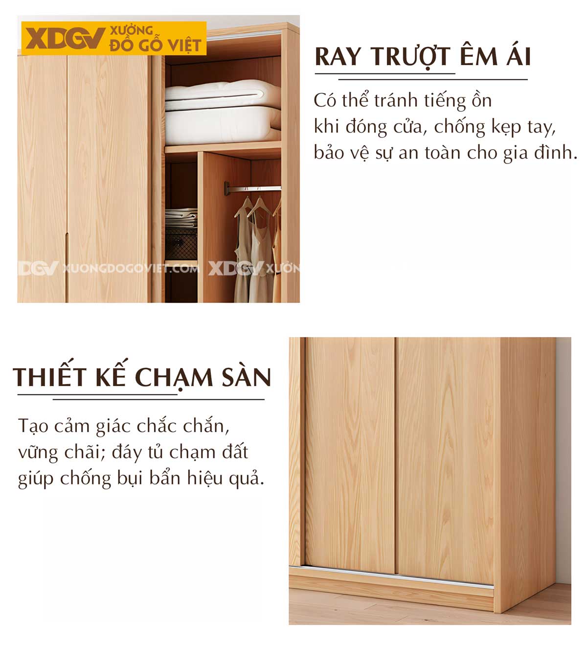 Tủ Treo Quần Áo Gỗ Veneer Sồi Hiện Đại Cửa Lùa Tay Âm Dưới