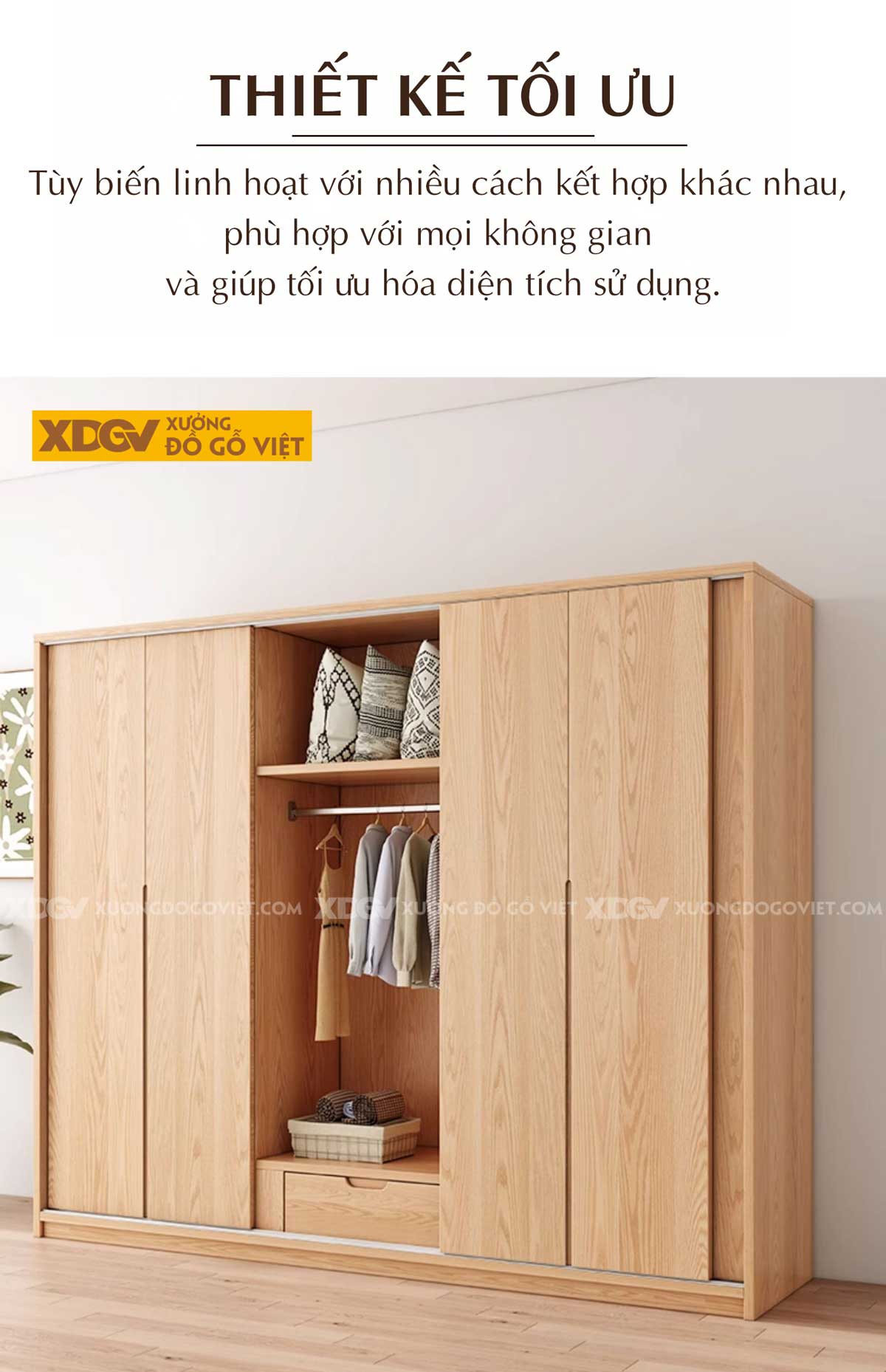 Tủ Treo Quần Áo Gỗ Veneer Sồi Hiện Đại Cửa Lùa Tay Âm Dưới