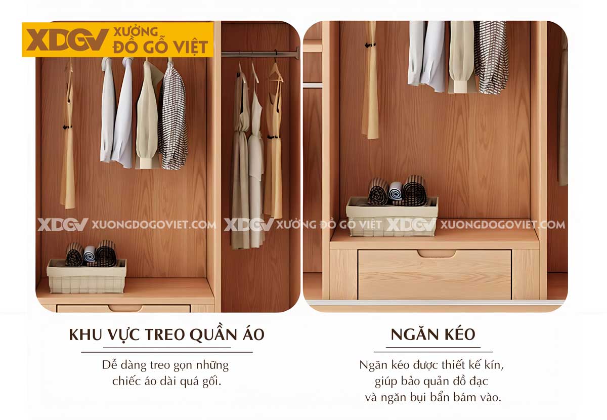 Tủ Treo Quần Áo Gỗ Veneer Sồi Hiện Đại Cửa Lùa Tay Âm Dưới