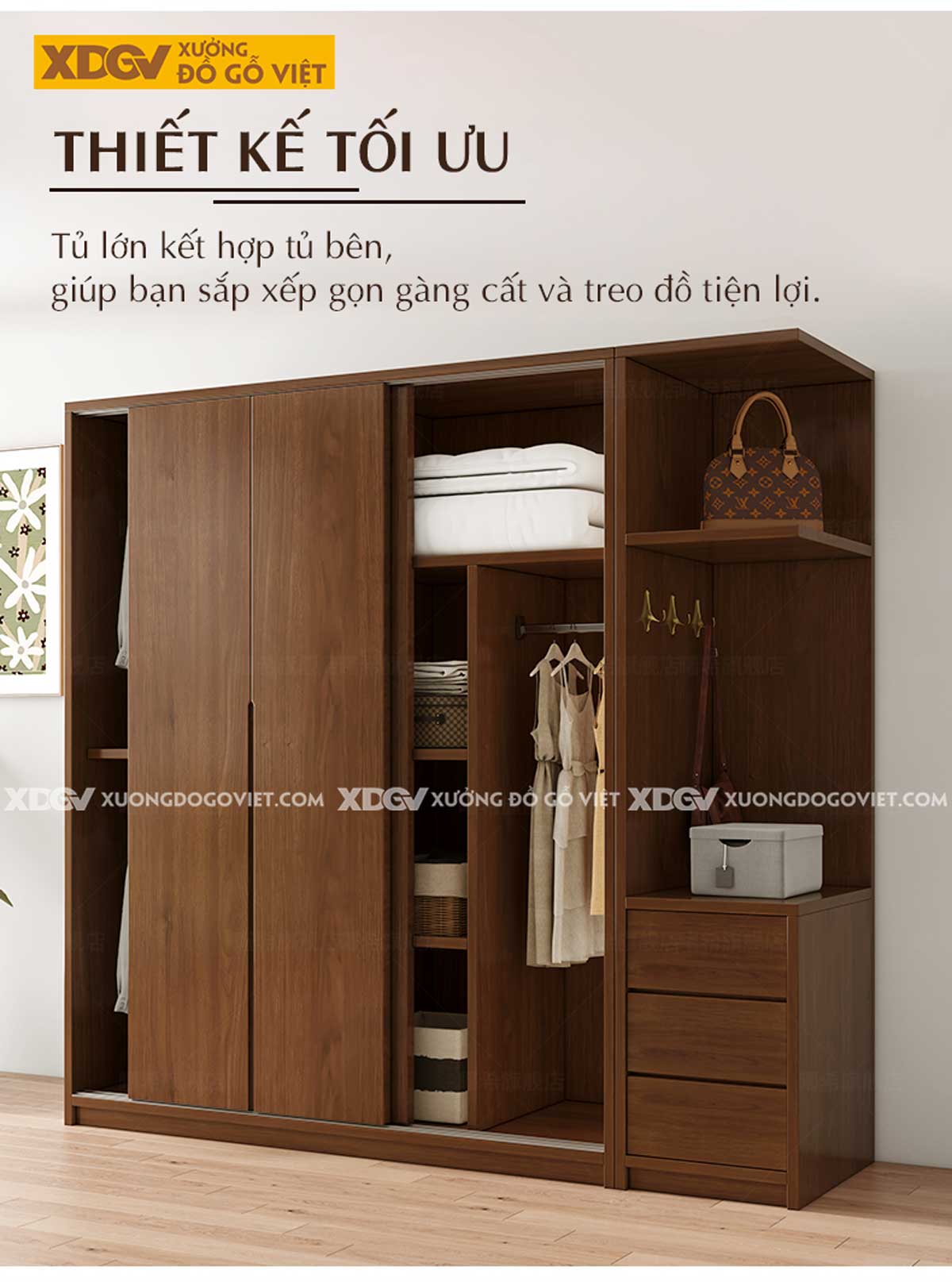 Tủ Treo Quần Áo Gỗ Veneer Sồi Hiện Đại Cửa Lùa Tay Âm Dưới