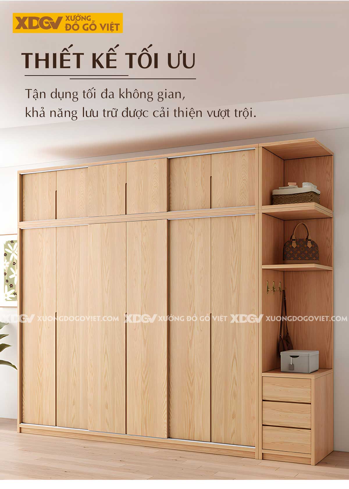 Tủ Treo Quần Áo Gỗ Veneer Sồi Hiện Đại Cửa Lùa Tay Âm Dưới