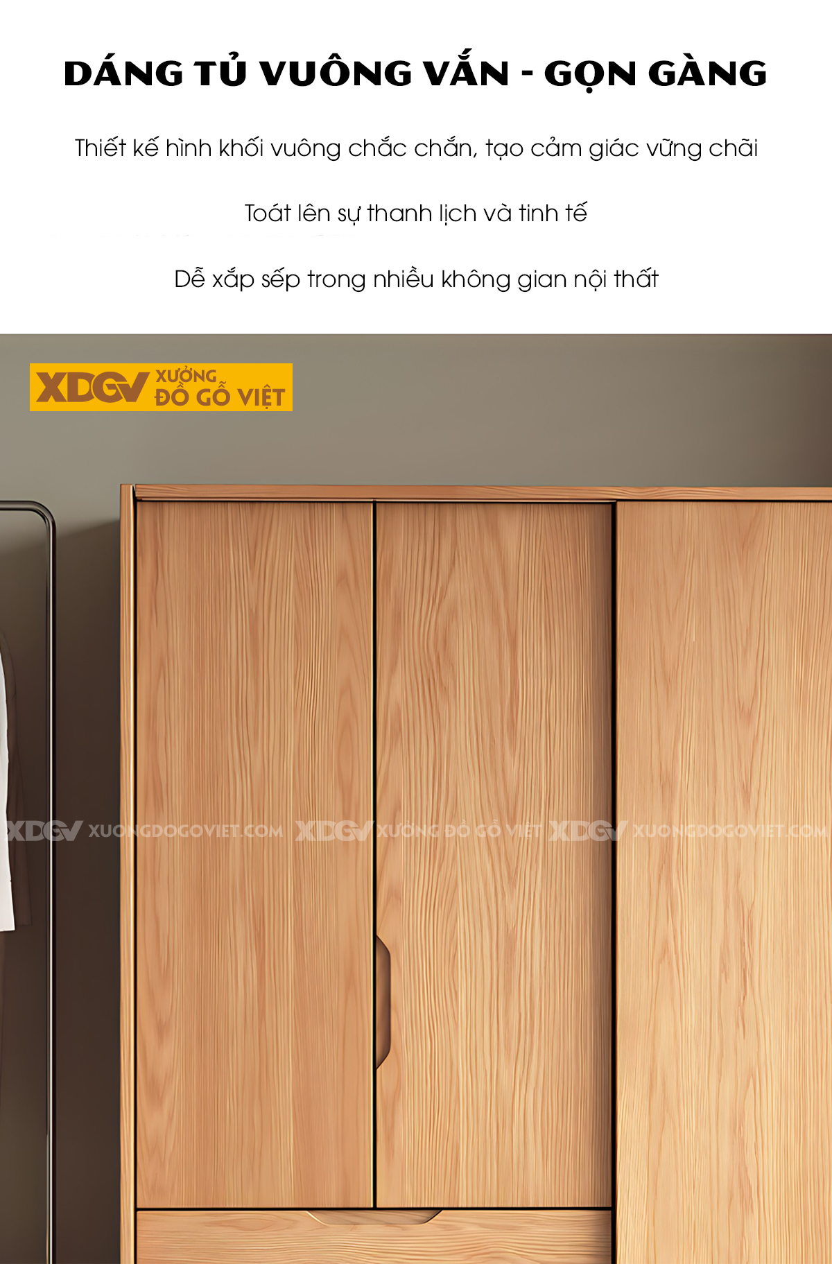 Tủ Treo Quần Áo Gỗ Veneer Sồi Hiện Đại Tay Nắm Vát Cạnh