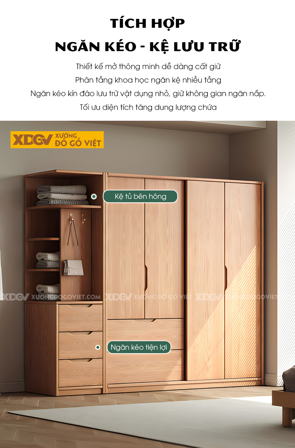 Tủ Treo Quần Áo Gỗ Veneer Sồi Hiện Đại Tay Nắm Vát Cạnh