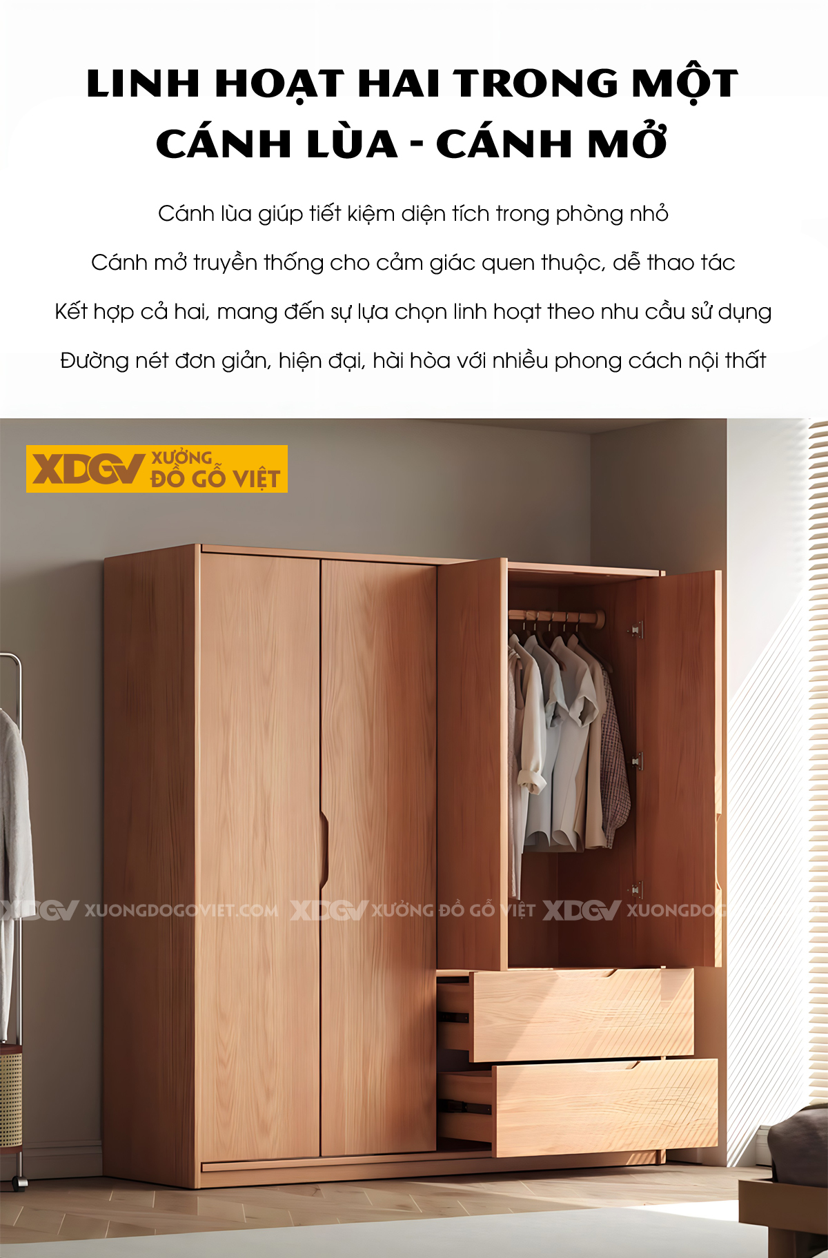 Tủ Treo Quần Áo Gỗ Veneer Sồi Hiện Đại Tay Nắm Vát Cạnh