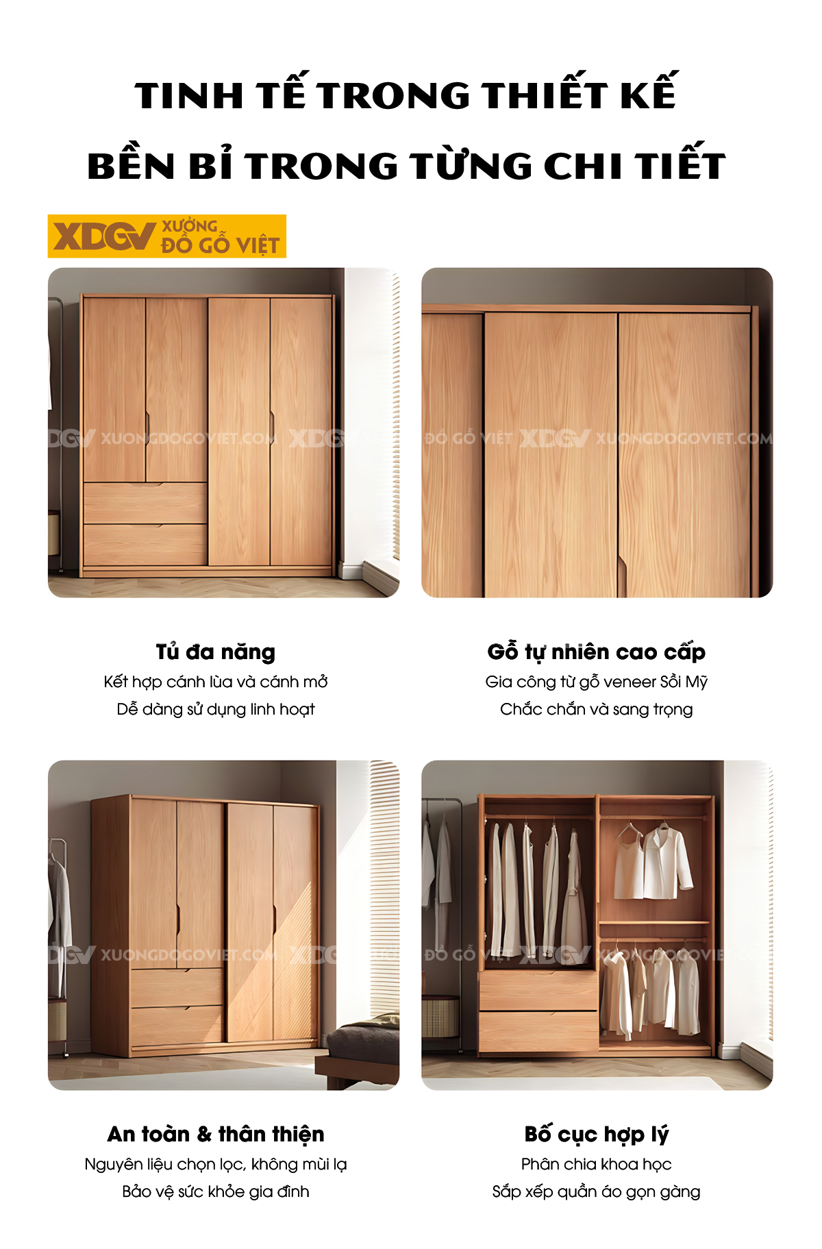 Tủ Treo Quần Áo Gỗ Veneer Sồi Hiện Đại Tay Nắm Vát Cạnh