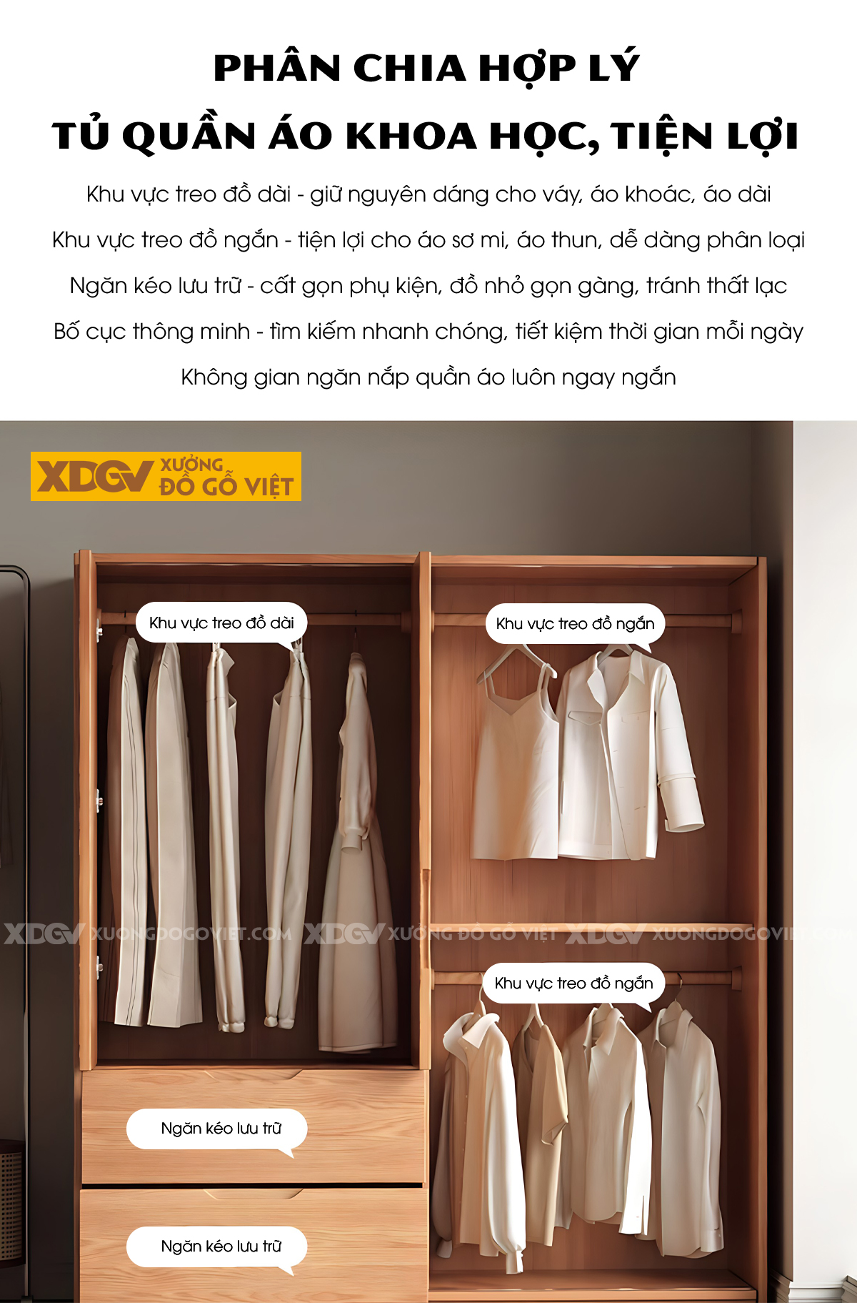 Tủ Treo Quần Áo Gỗ Veneer Sồi Hiện Đại Tay Nắm Vát Cạnh