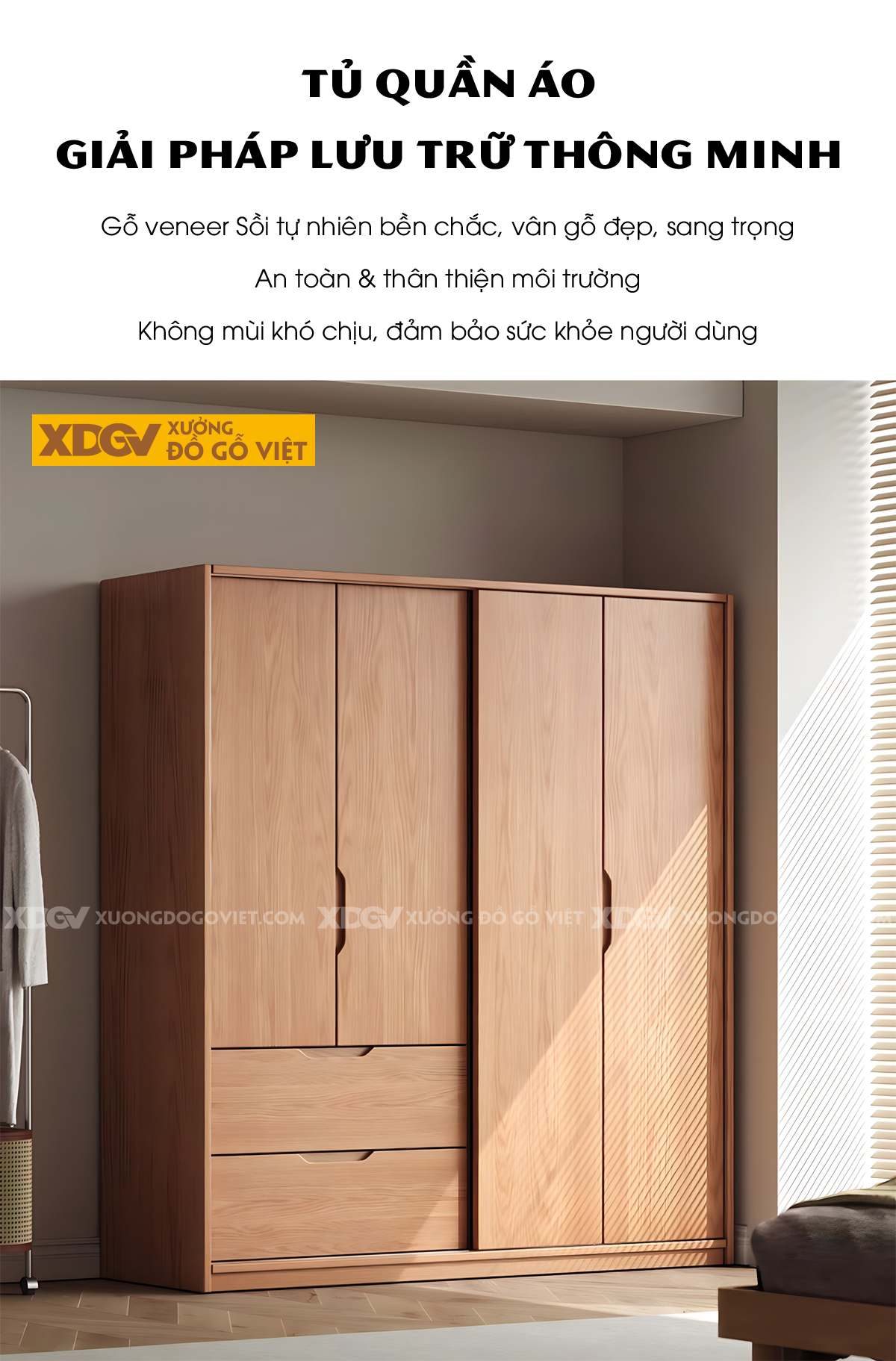 Tủ Treo Quần Áo Gỗ Veneer Sồi Hiện Đại Tay Nắm Vát Cạnh