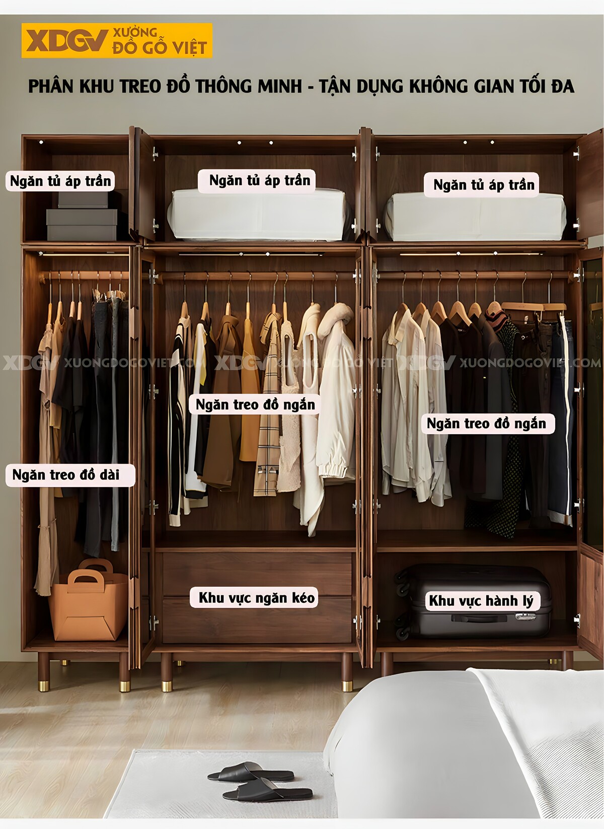 Tủ Treo Quần Áo Veneer Gỗ Xoan Đào Cửa Kính Đen Chân Cao