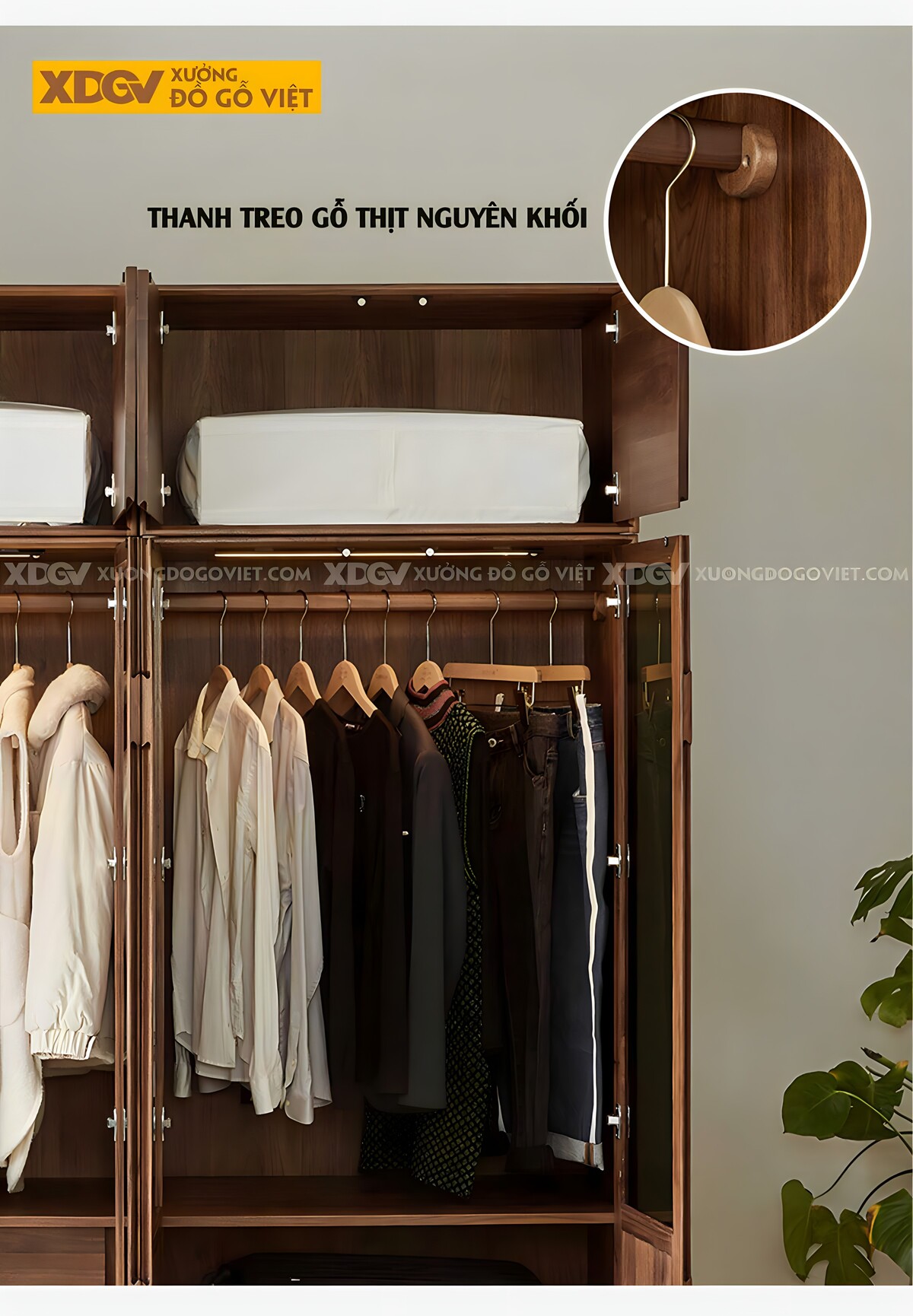 Tủ Treo Quần Áo Veneer Gỗ Xoan Đào Cửa Kính Đen Chân Cao