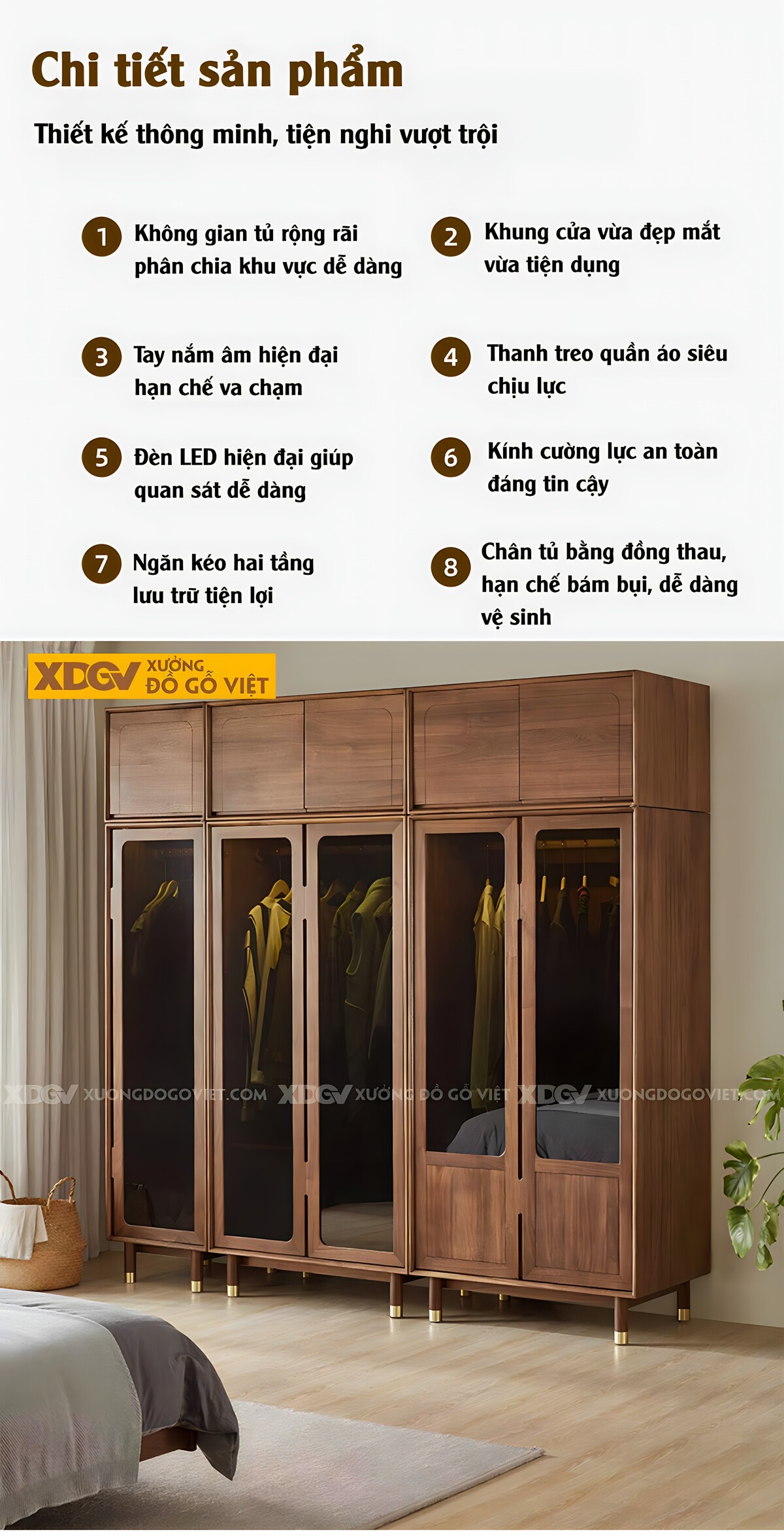 Tủ Treo Quần Áo Veneer Gỗ Xoan Đào Cửa Kính Đen Chân Cao