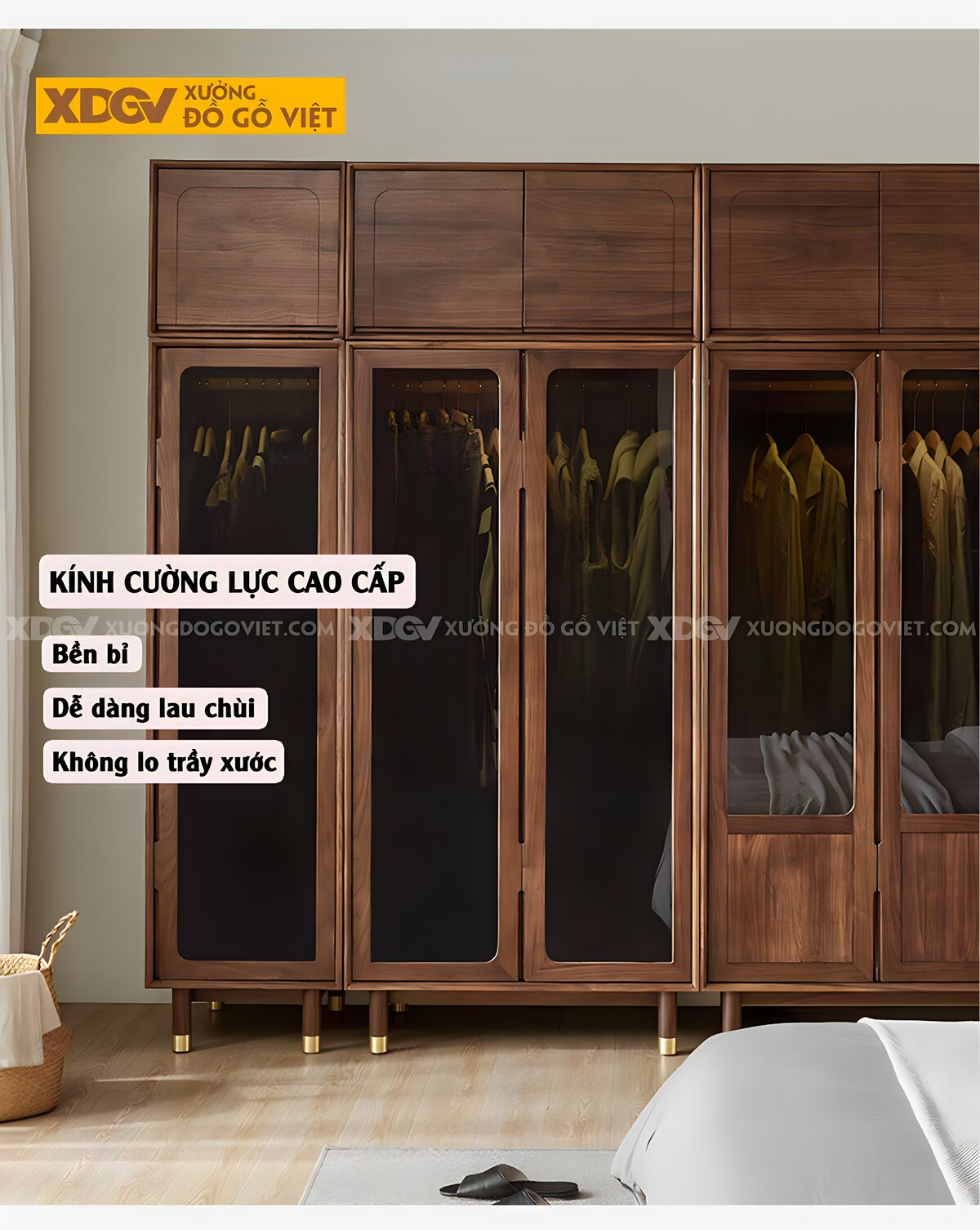 Tủ Treo Quần Áo Veneer Gỗ Xoan Đào Cửa Kính Đen Chân Cao