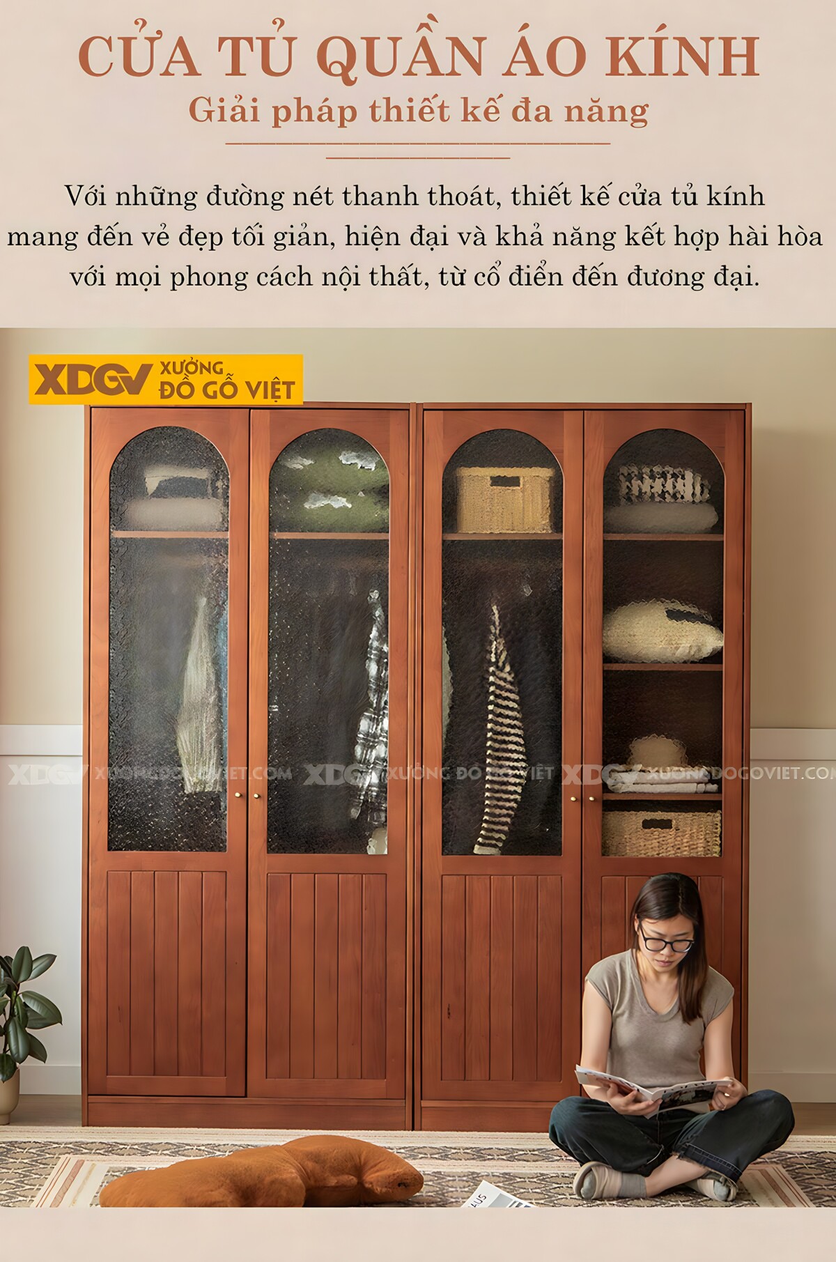 Tủ Treo Quần Áo Xoan Đào 4 Cánh Kính Gân Mờ Và Gỗ Nan Kín