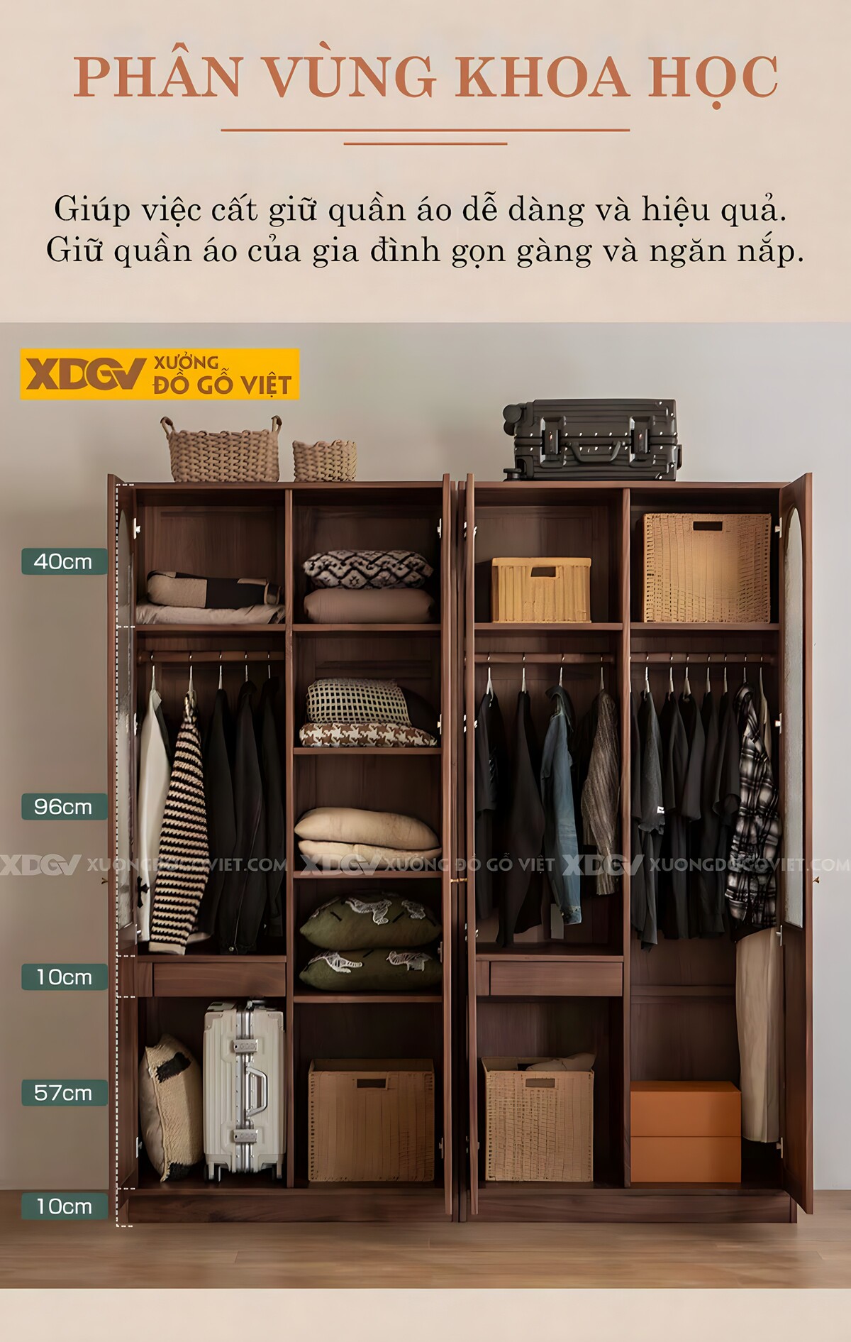 Tủ Treo Quần Áo Xoan Đào 4 Cánh Kính Gân Mờ Và Gỗ Nan Kín