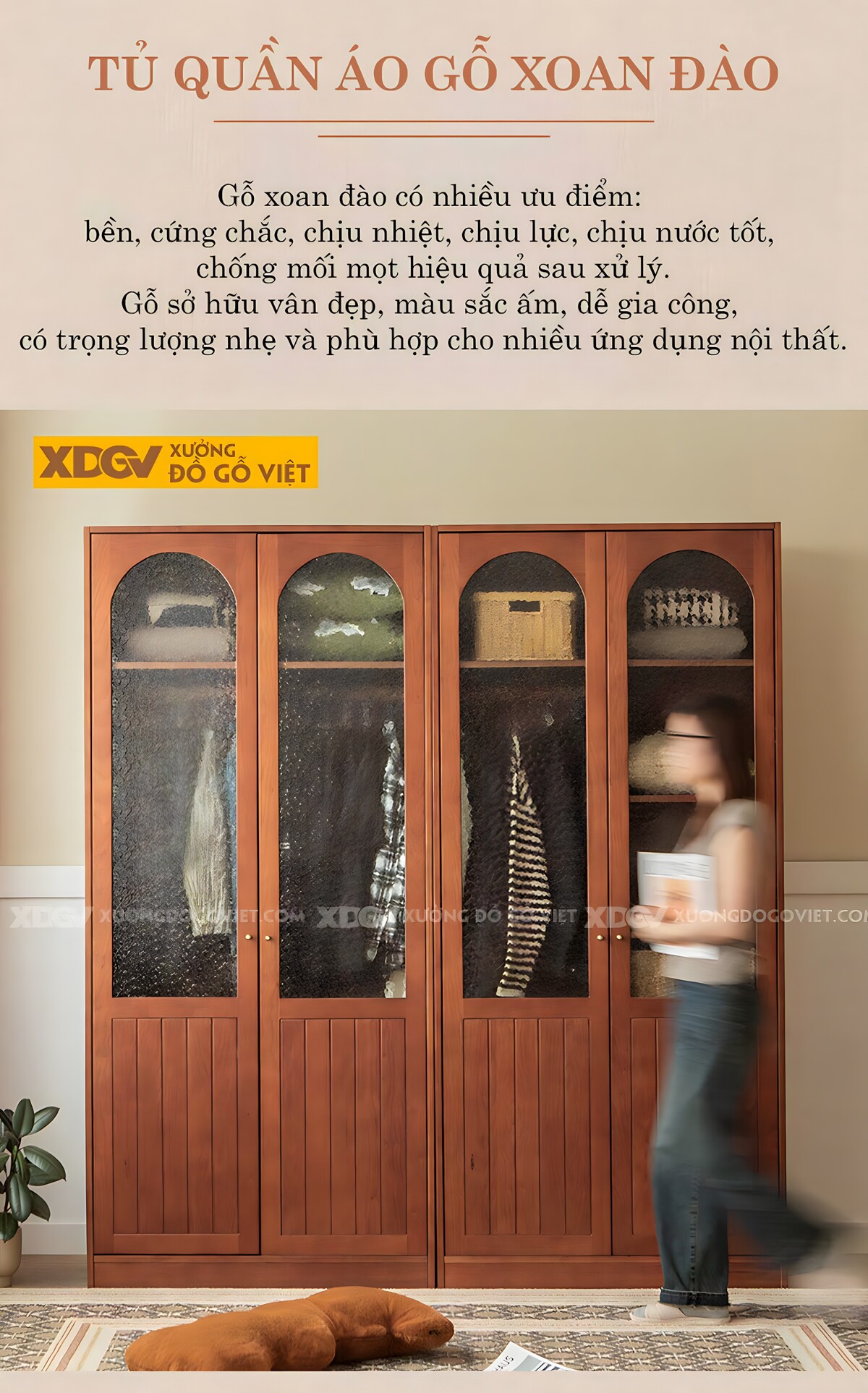 Tủ Treo Quần Áo Xoan Đào 4 Cánh Kính Gân Mờ Và Gỗ Nan Kín