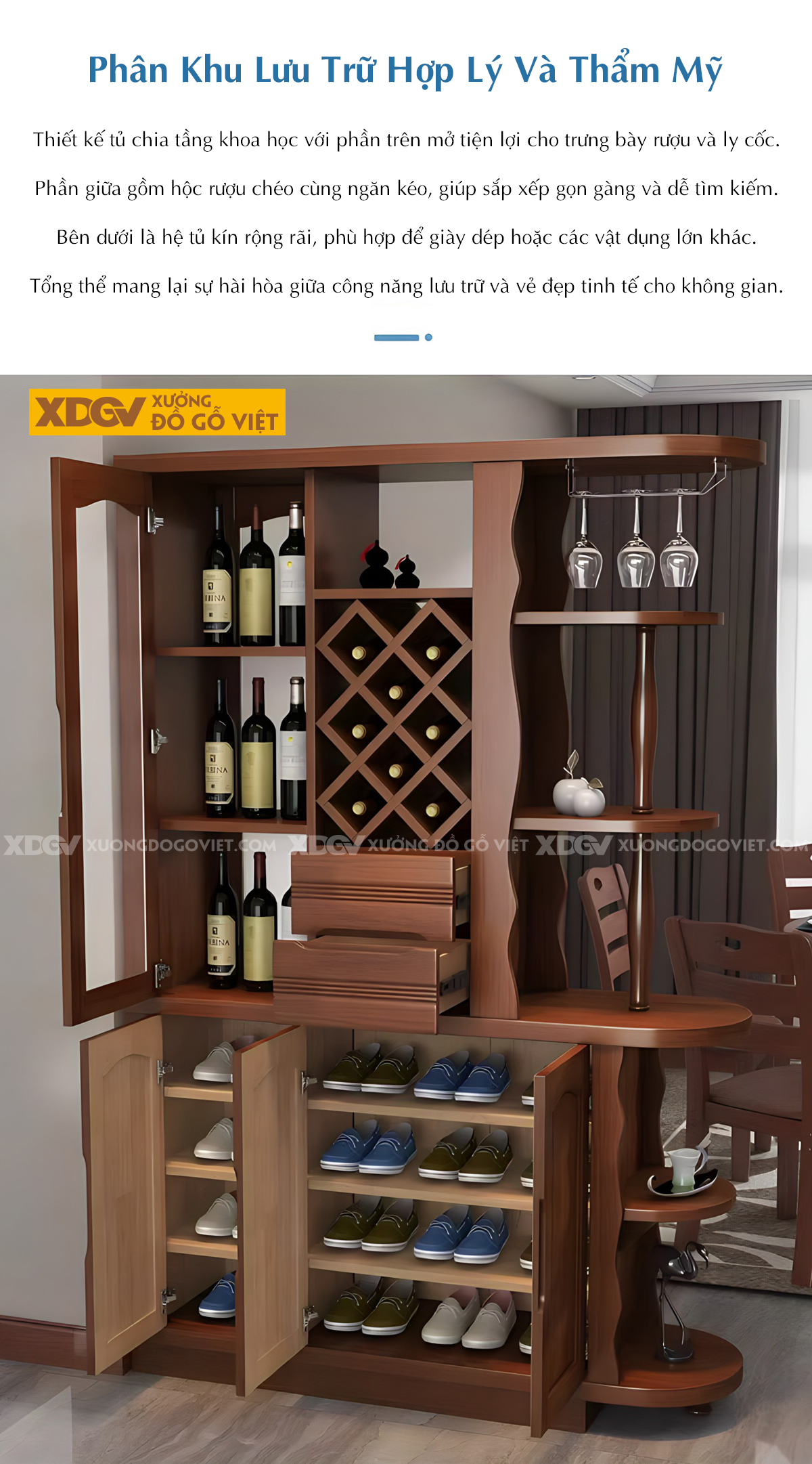 Tủ Trưng Bày Rượu Gỗ Cao Su Thiết Kế Hiện Đại Kệ Mở Đa Tầng