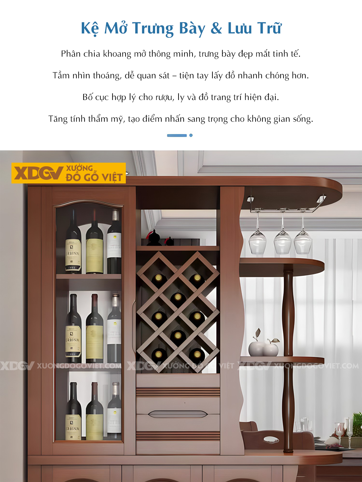 Tủ Trưng Bày Rượu Gỗ Cao Su Thiết Kế Hiện Đại Kệ Mở Đa Tầng