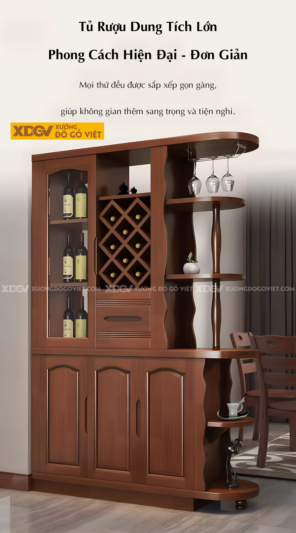 Tủ Trưng Bày Rượu Gỗ Cao Su Thiết Kế Hiện Đại Kệ Mở Đa Tầng