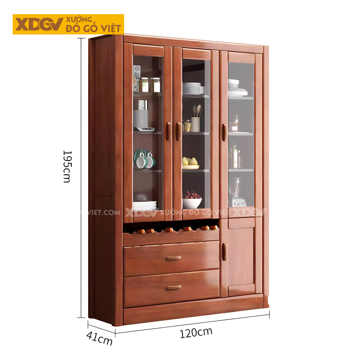 Tủ Trưng Bày Rượu Phòng Khách Gỗ Cao Su Hiện Đại 3 Cánh Kính