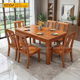 Bàn Ăn Gõ Đỏ 6 Ghế Lưng Cong Hiện Đại Cho Gia Đình