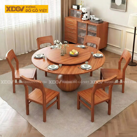 Bàn Ăn Gỗ Gõ Đỏ Chân Hình Lọ Hoa Độc Đáo Kèm Mâm Xoay