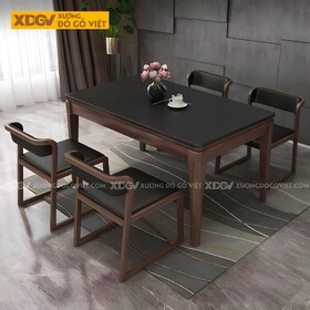 Bàn Ăn Gỗ Sồi Màu Óc Chó Mặt Đá Đen Ghế Chân Khung Hiện...