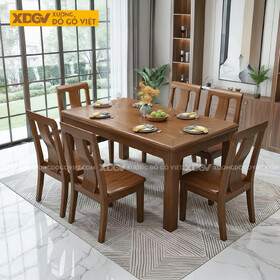Bàn Ăn Gỗ Sồi Vát Cạnh Chân Trụ Vuông 6 Ghế Hiện Đại