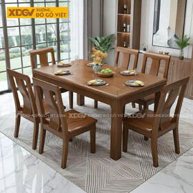 Bàn Ăn Gỗ Sồi Vát Cạnh Chân Trụ Vuông 6 Ghế Hiện Đại