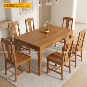 Bàn Ăn Gỗ Sồi Vát Cạnh Chân Trụ Vuông 6 Ghế Hiện Đại