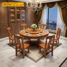Bàn Ghế Ăn Gỗ Gõ Đỏ Thiết Kế Mâm Xoay Tiện Nghi