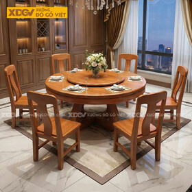 Bàn Ghế Ăn Gỗ Gõ Đỏ Thiết Kế Mâm Xoay Tiện Nghi
