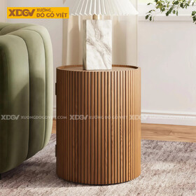 Bàn Sofa Phòng Khách Gỗ Sồi Trụ Tròn Ghép Thanh Phối Kệ Tủ