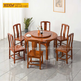 Bộ Bàn Ăn Gỗ Gõ Đỏ 6 Ghế Bàn Tròn Đa Năng Tích Hợp Mâm Xoay