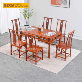 Bộ Bàn Ăn Gỗ Gõ Đỏ 6 Ghế Quan Mạo Dạ Bàn Họa Tiết Linh Chi